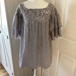 Elan Grey and White Striped Ruffle Smock Top Dress Sz S